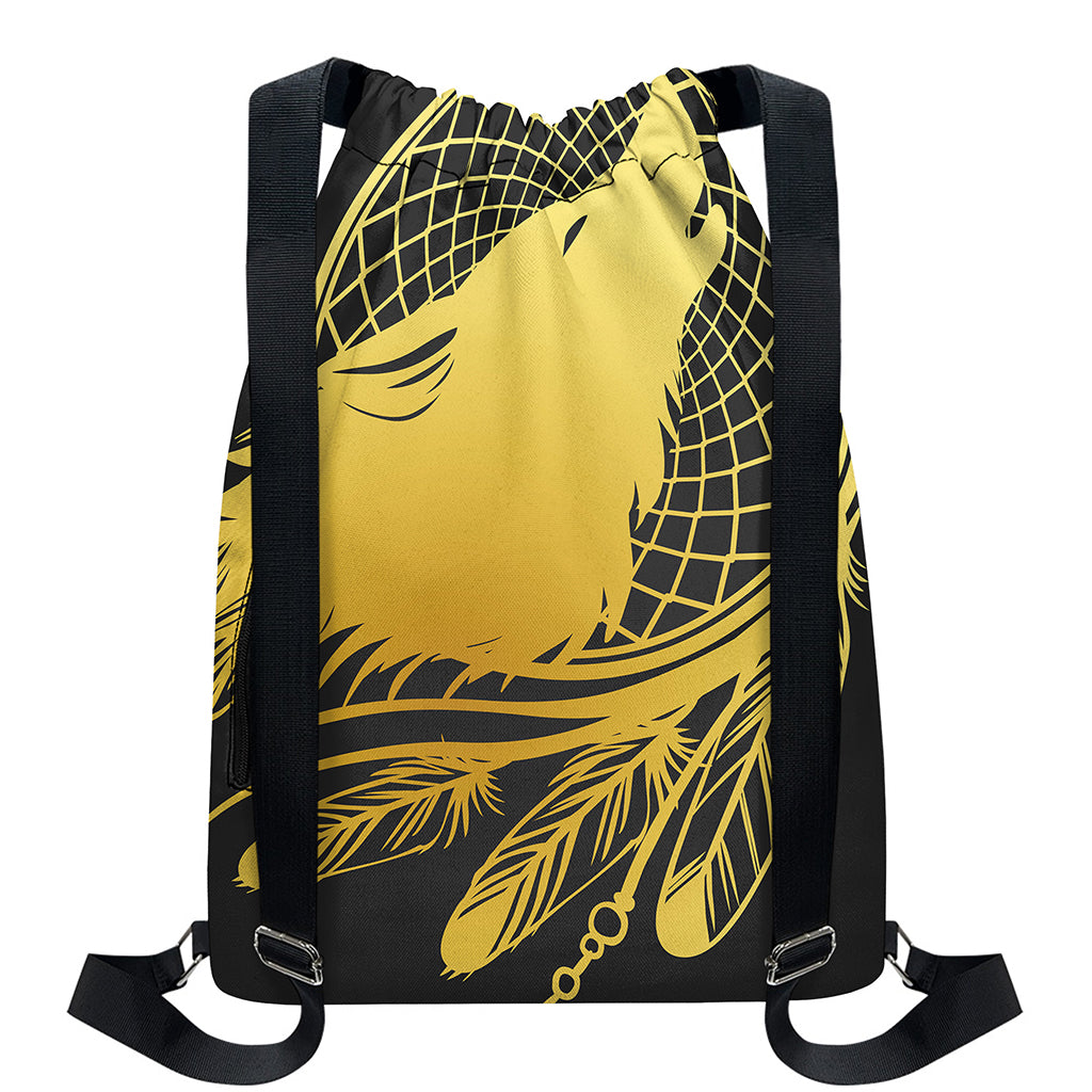 Golden Bohemian Howling Wolf Print Drawstring Backpack