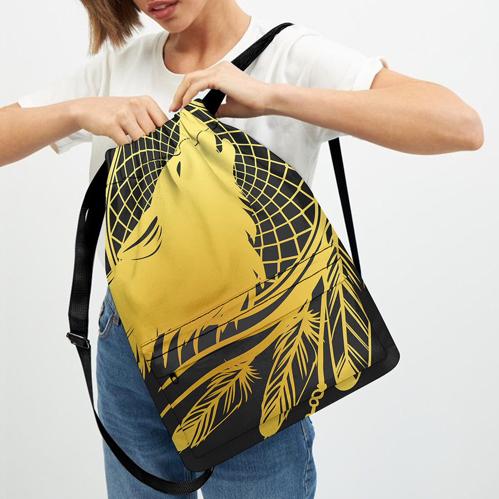 Golden Bohemian Howling Wolf Print Drawstring Backpack