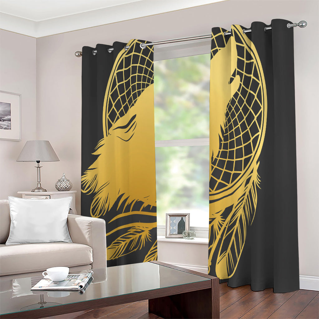 Golden Bohemian Howling Wolf Print Extra Wide Grommet Curtains