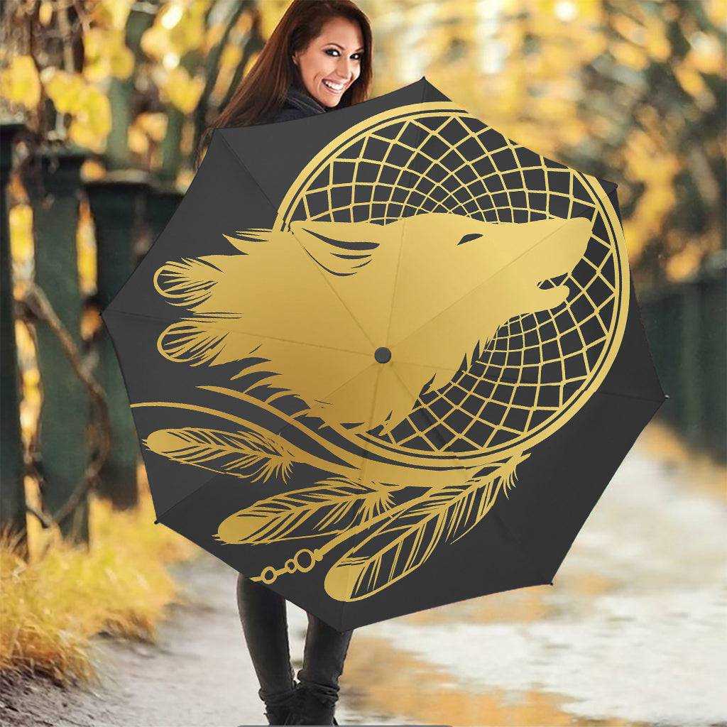 Golden Bohemian Howling Wolf Print Foldable Umbrella