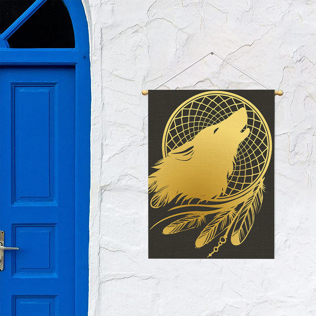 Golden Bohemian Howling Wolf Print Garden Flag