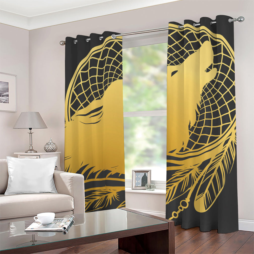 Golden Bohemian Howling Wolf Print Grommet Curtains
