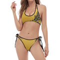 Golden Bohemian Howling Wolf Print Halter Scoop Tie Side Bikini