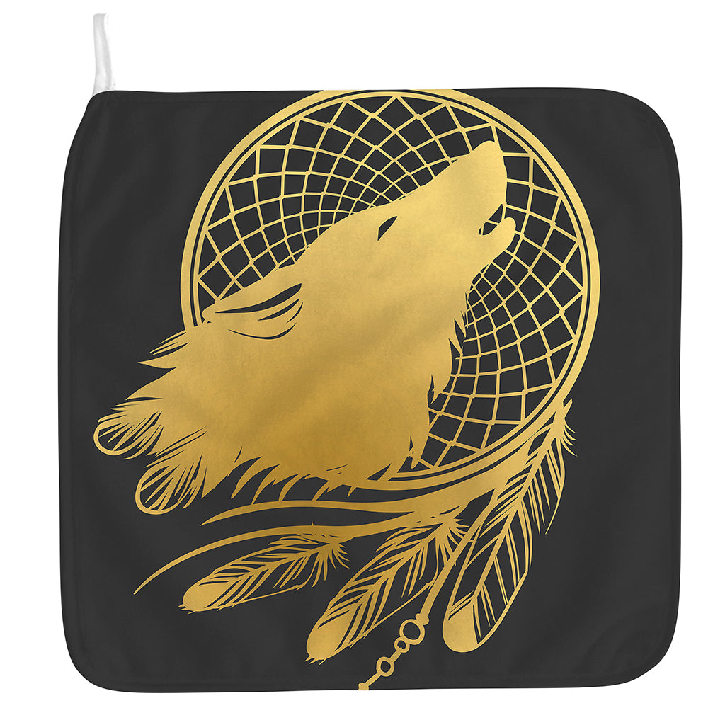 Golden Bohemian Howling Wolf Print Hand Towel