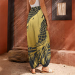 Golden Bohemian Howling Wolf Print Harem Pants