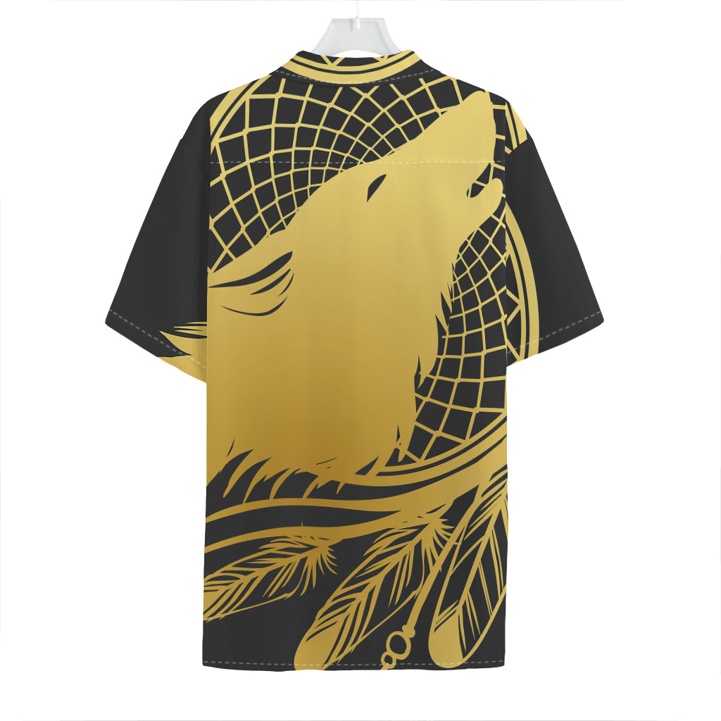 Golden Bohemian Howling Wolf Print Hawaiian Shirt