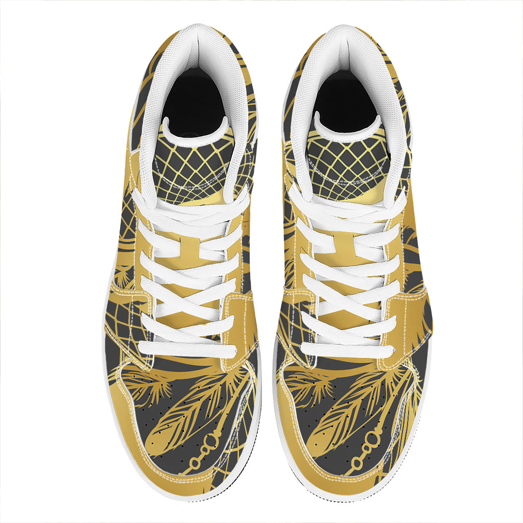 Golden Bohemian Howling Wolf Print High Top Leather Sneakers