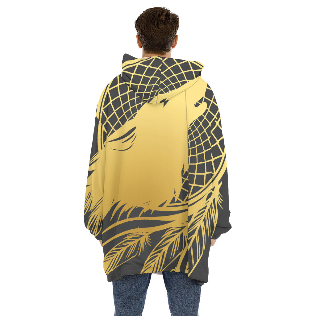 Golden Bohemian Howling Wolf Print Hoodie Blanket