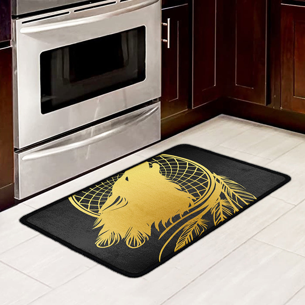 Golden Bohemian Howling Wolf Print Kitchen Mat