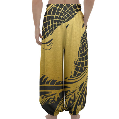 Golden Bohemian Howling Wolf Print Lantern Pants
