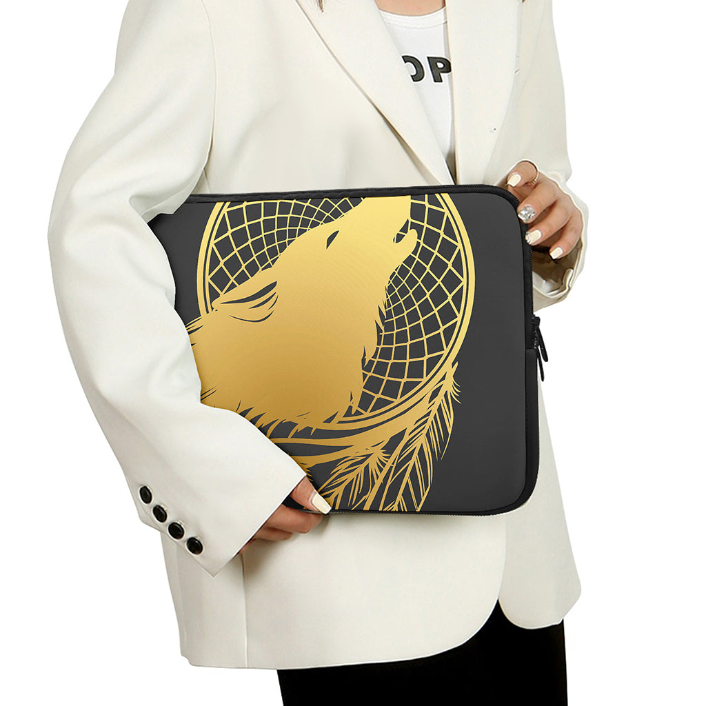 Golden Bohemian Howling Wolf Print Laptop Sleeve