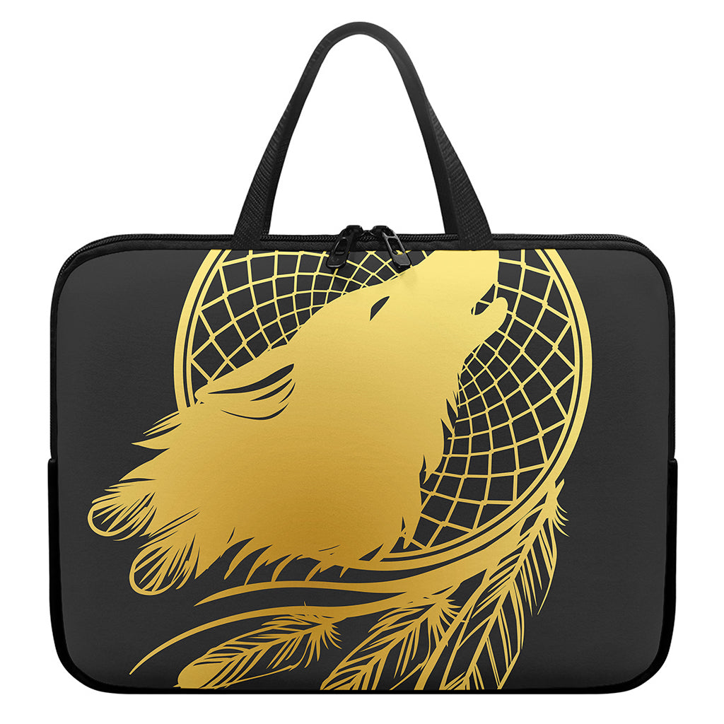 Golden Bohemian Howling Wolf Print Laptop Sleeve With Handle