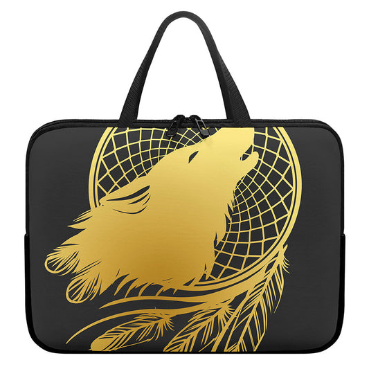 Golden Bohemian Howling Wolf Print Laptop Sleeve With Handle