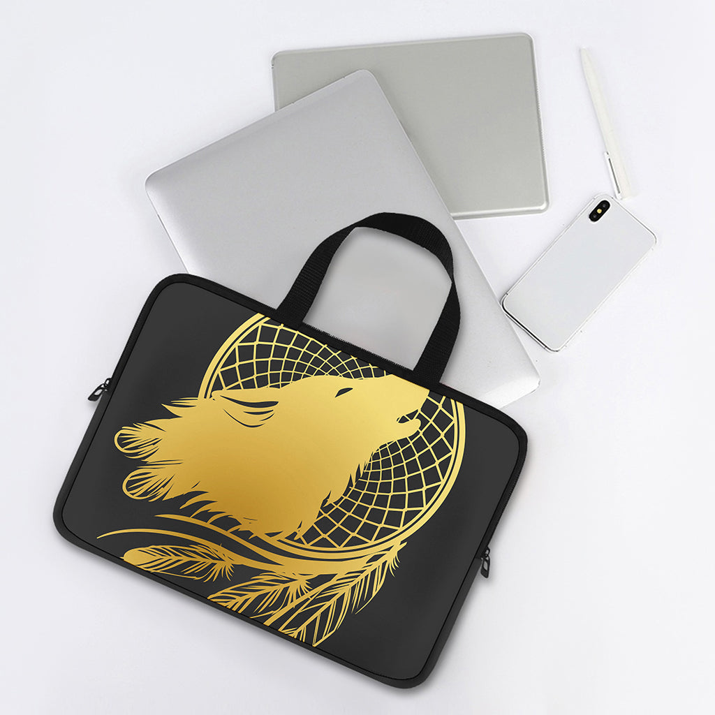 Golden Bohemian Howling Wolf Print Laptop Sleeve With Handle