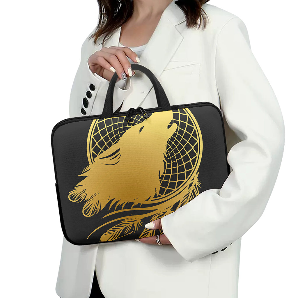 Golden Bohemian Howling Wolf Print Laptop Sleeve With Handle