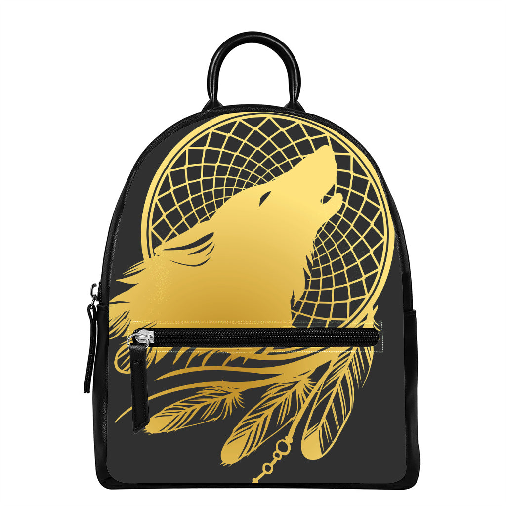 Golden Bohemian Howling Wolf Print Leather Backpack