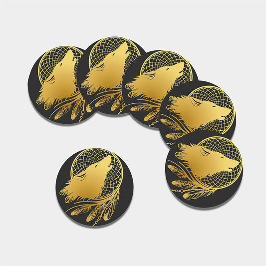 Golden Bohemian Howling Wolf Print Leather Coaster Set
