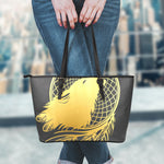 Golden Bohemian Howling Wolf Print Leather Tote Bag