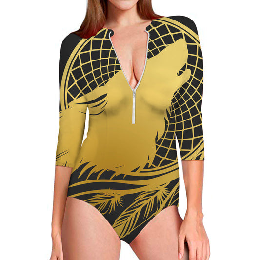 Golden Bohemian Howling Wolf Print Long Sleeve Swimsuit