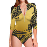 Golden Bohemian Howling Wolf Print Long Sleeve Swimsuit