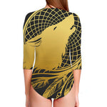 Golden Bohemian Howling Wolf Print Long Sleeve Swimsuit