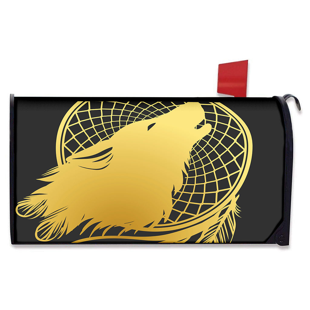 Golden Bohemian Howling Wolf Print Mailbox Cover