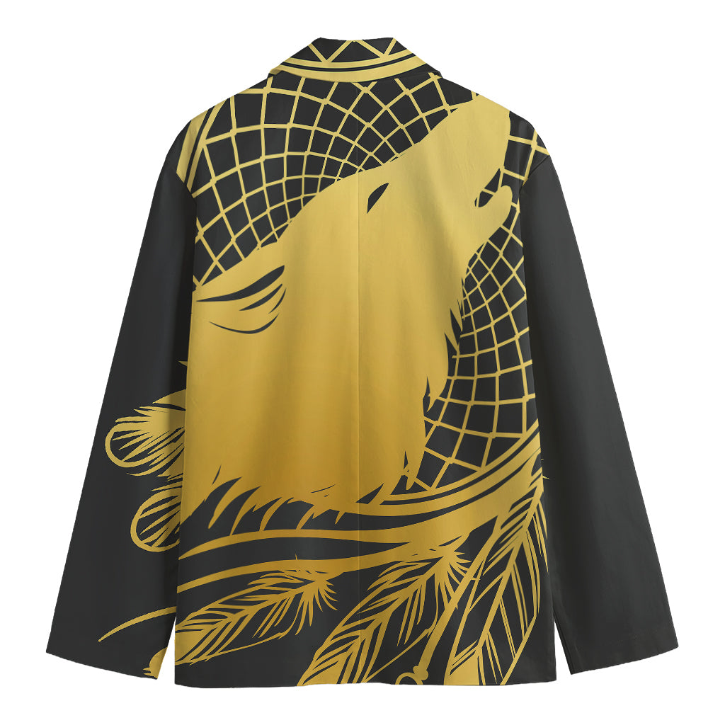 Golden Bohemian Howling Wolf Print Men's Cotton Blazer