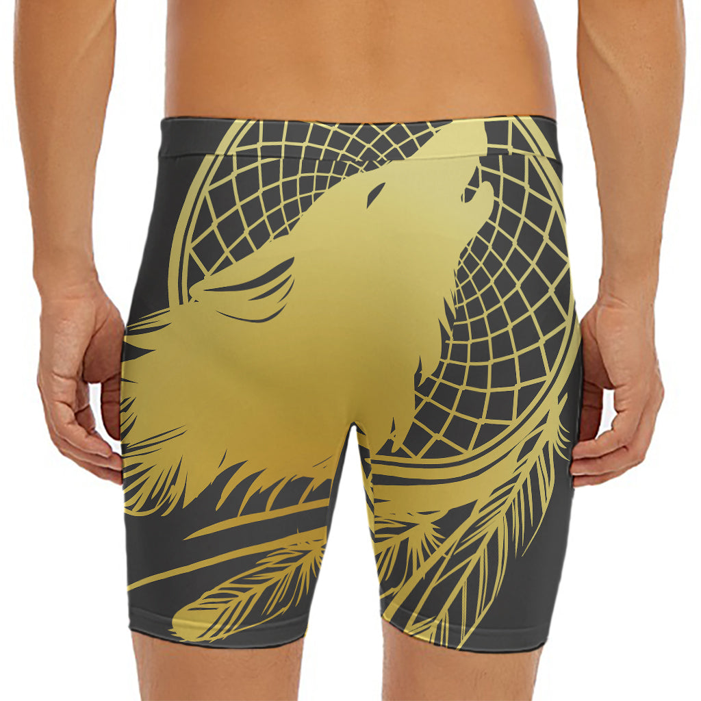 Golden Bohemian Howling Wolf Print Men's Long Boxer Briefs