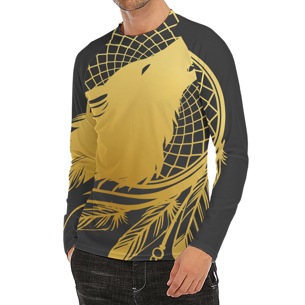 Golden Bohemian Howling Wolf Print Men's Long Sleeve Rash Guard