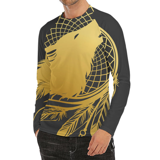 Golden Bohemian Howling Wolf Print Men's Long Sleeve Rash Guard