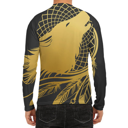 Golden Bohemian Howling Wolf Print Men's Long Sleeve Rash Guard