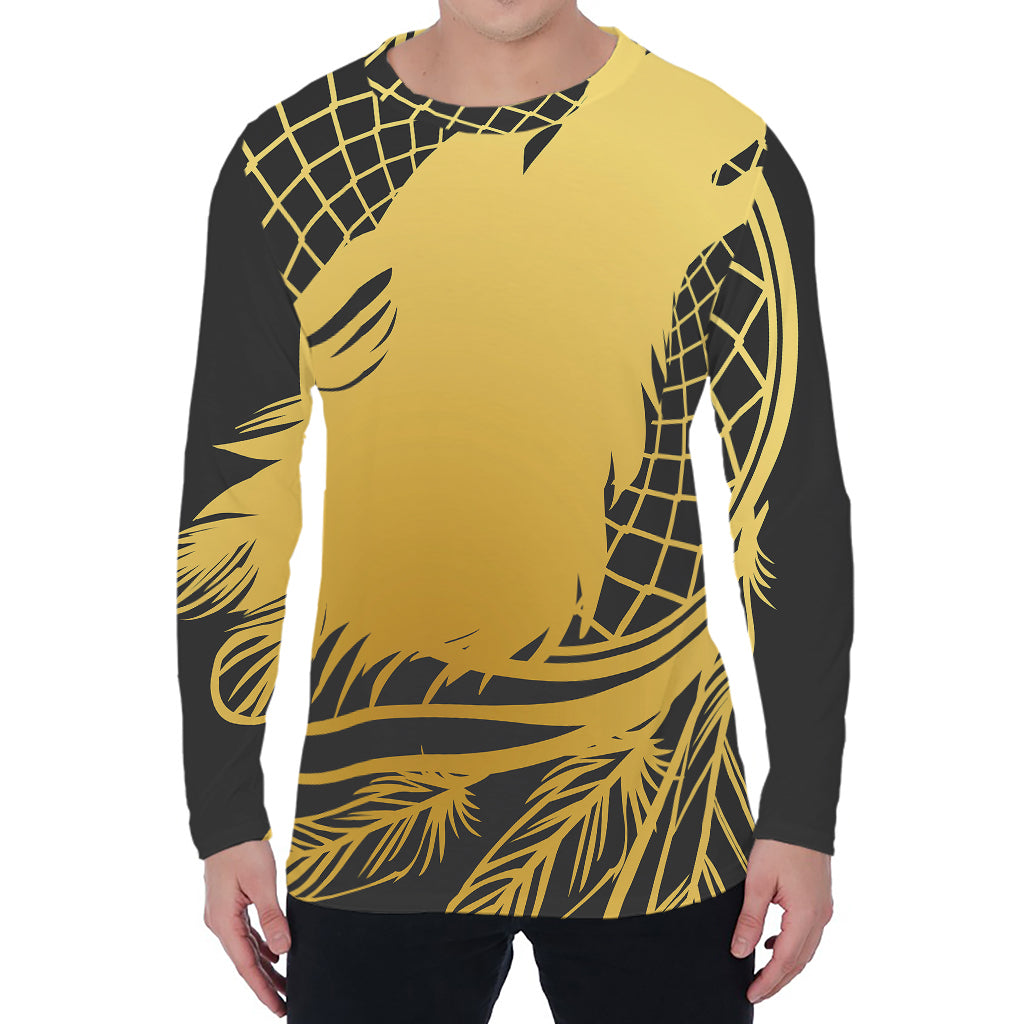 Golden Bohemian Howling Wolf Print Men's Long Sleeve T-Shirt