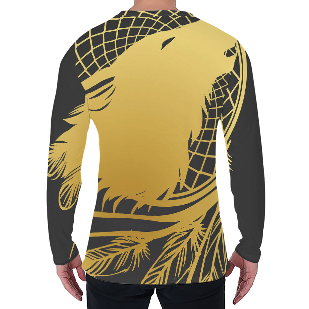 Golden Bohemian Howling Wolf Print Men's Long Sleeve T-Shirt