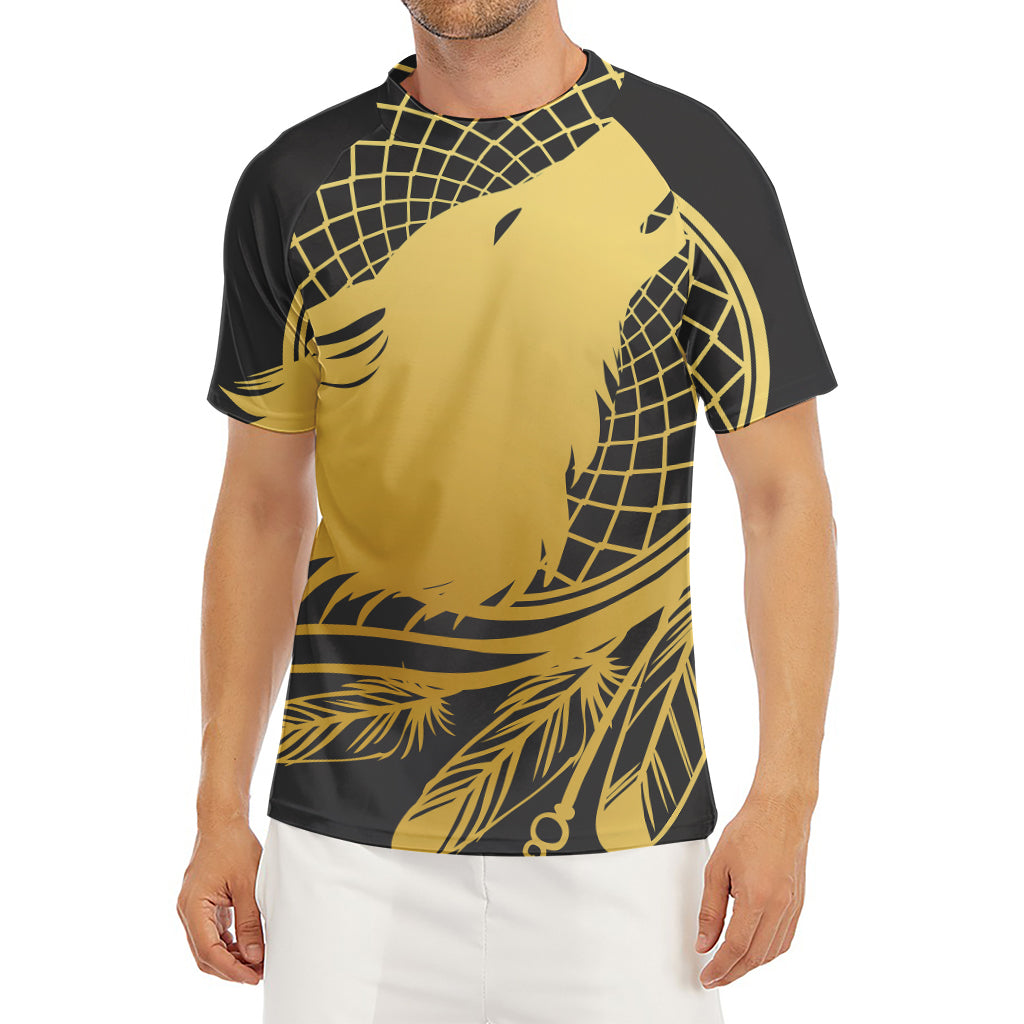 Golden Bohemian Howling Wolf Print Men's Short Sleeve Rash Guard