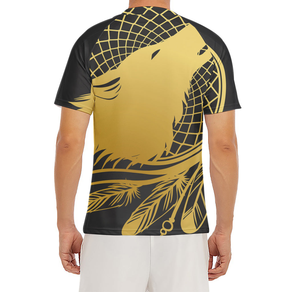 Golden Bohemian Howling Wolf Print Men's Short Sleeve Rash Guard