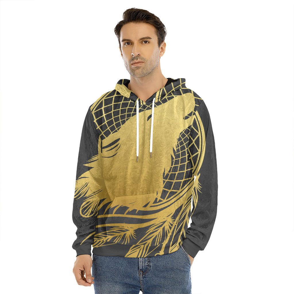 Golden Bohemian Howling Wolf Print Men's Velvet Pullover Hoodie