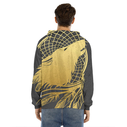 Golden Bohemian Howling Wolf Print Men's Velvet Pullover Hoodie