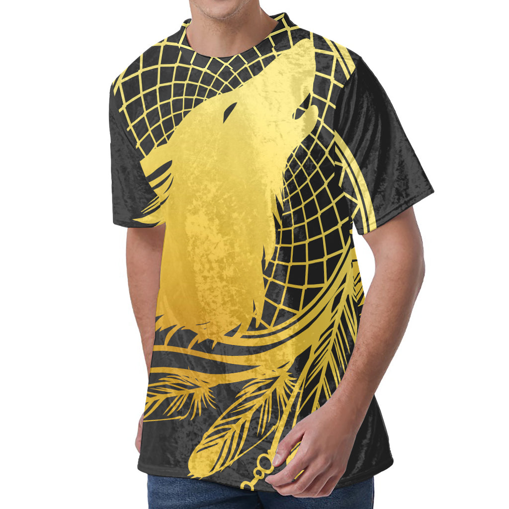 Golden Bohemian Howling Wolf Print Men's Velvet T-Shirt