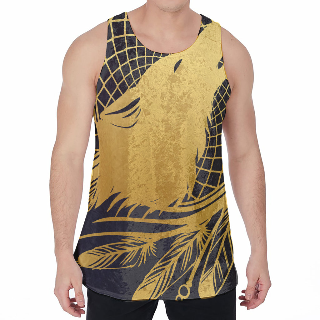 Golden Bohemian Howling Wolf Print Men's Velvet Tank Top