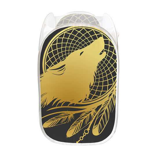 Golden Bohemian Howling Wolf Print Mesh Laundry Hamper