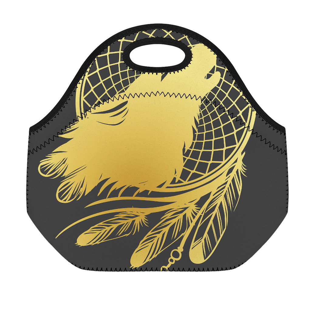 Golden Bohemian Howling Wolf Print Neoprene Lunch Bag