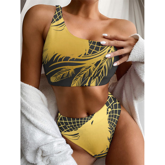 Golden Bohemian Howling Wolf Print One Shoulder Bikini Top