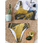 Golden Bohemian Howling Wolf Print One Shoulder Bikini Top