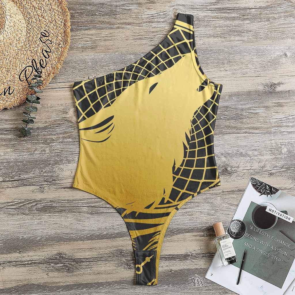 Golden Bohemian Howling Wolf Print One Shoulder Bodysuit