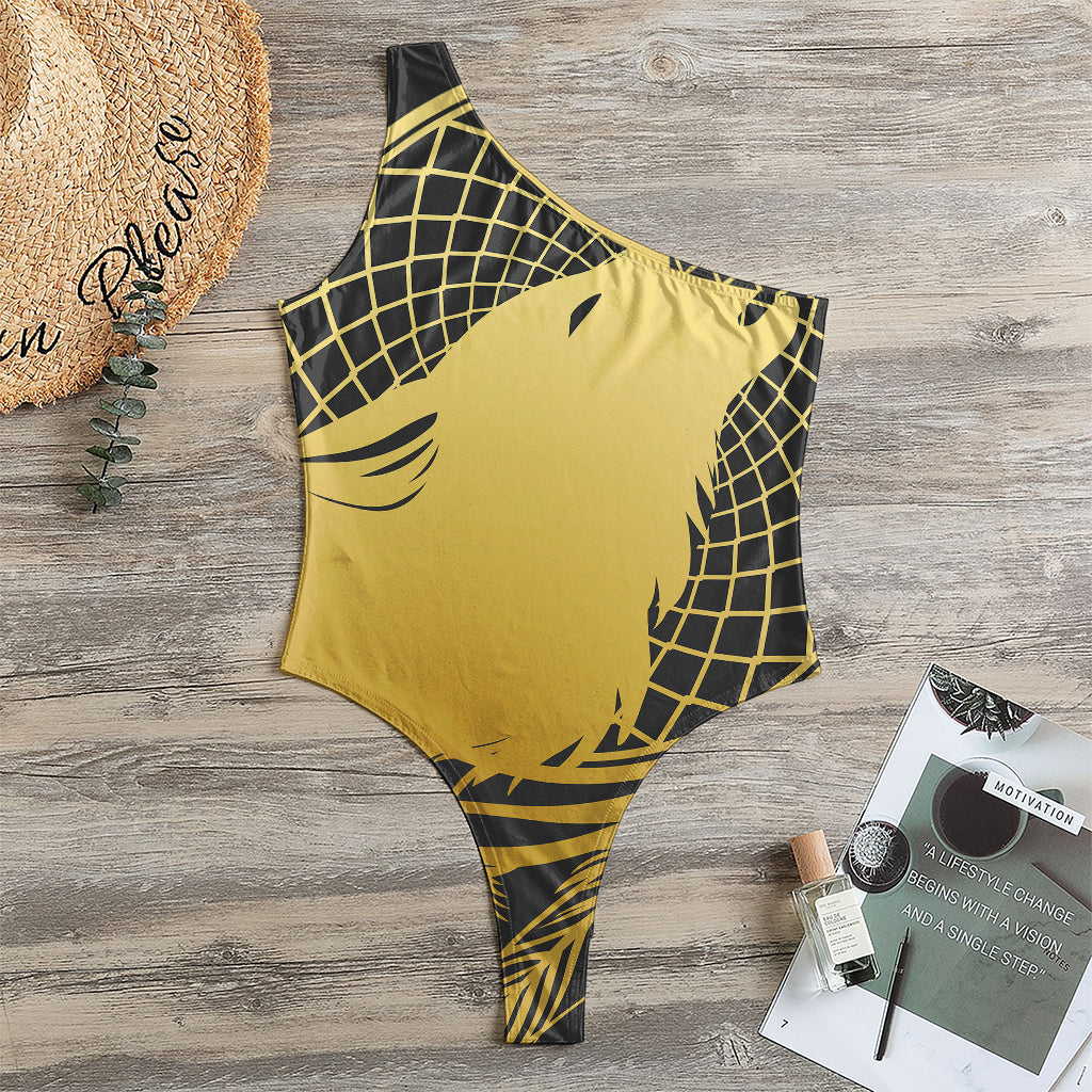 Golden Bohemian Howling Wolf Print One Shoulder Bodysuit