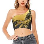Golden Bohemian Howling Wolf Print One Shoulder Crop Top