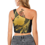 Golden Bohemian Howling Wolf Print One Shoulder Crop Top