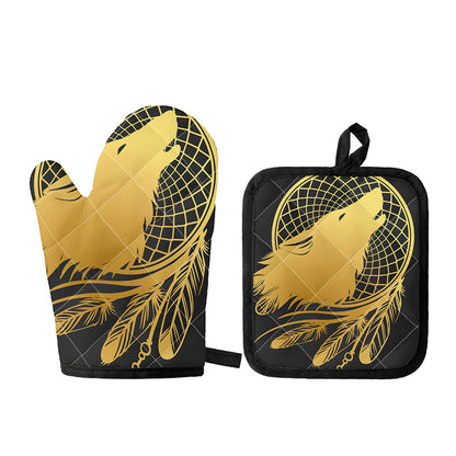 Golden Bohemian Howling Wolf Print Oven Mitt And Pot Holder Set