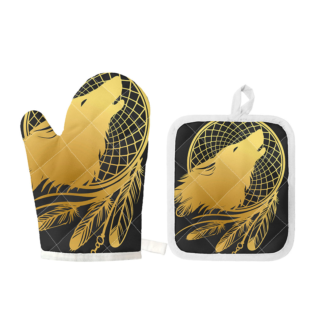 Golden Bohemian Howling Wolf Print Oven Mitt And Pot Holder Set