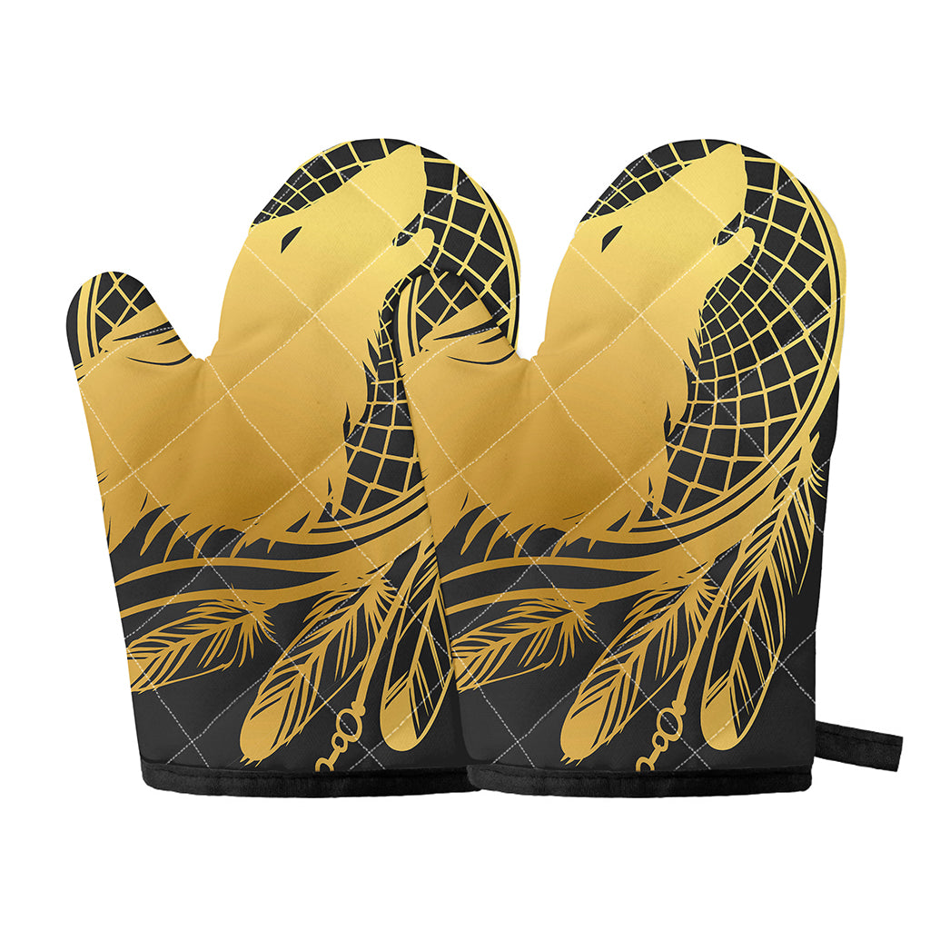 Golden Bohemian Howling Wolf Print Oven Mitts